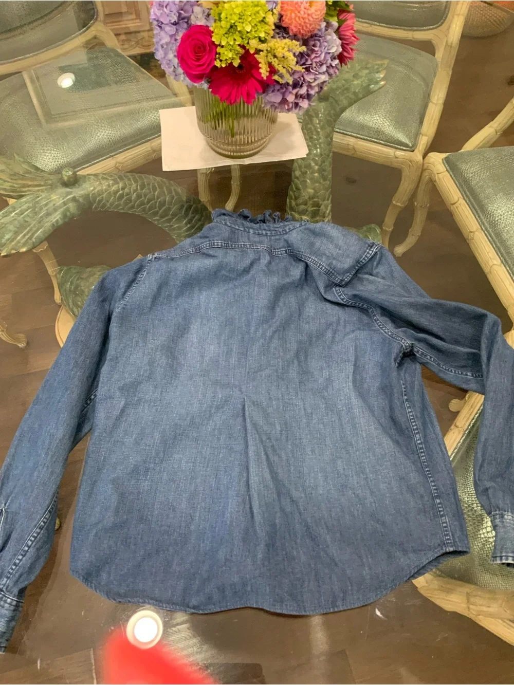 KMJ Girls' Ruffled Collar Denim Jacket in Medium Blue